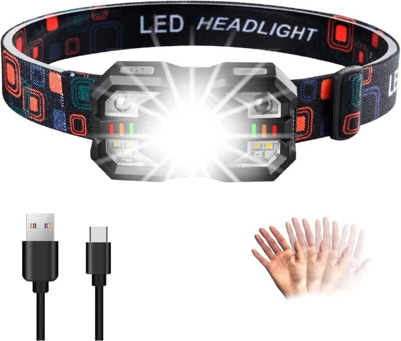 Leistungsstarke, ultrahelle, leichte und robuste wiederaufladbare LED-Stirnlampe mit Sensor und IPX5-Rotlicht für Laufen...