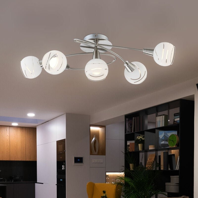 Thumbnail - Deckenlampe Deckenleuchte Spotleuchte Wohnzimmerlampe Spotlampe, 5 Flammig Nickel matt Glas weiß, led 4W 400Lm warmweiß,...