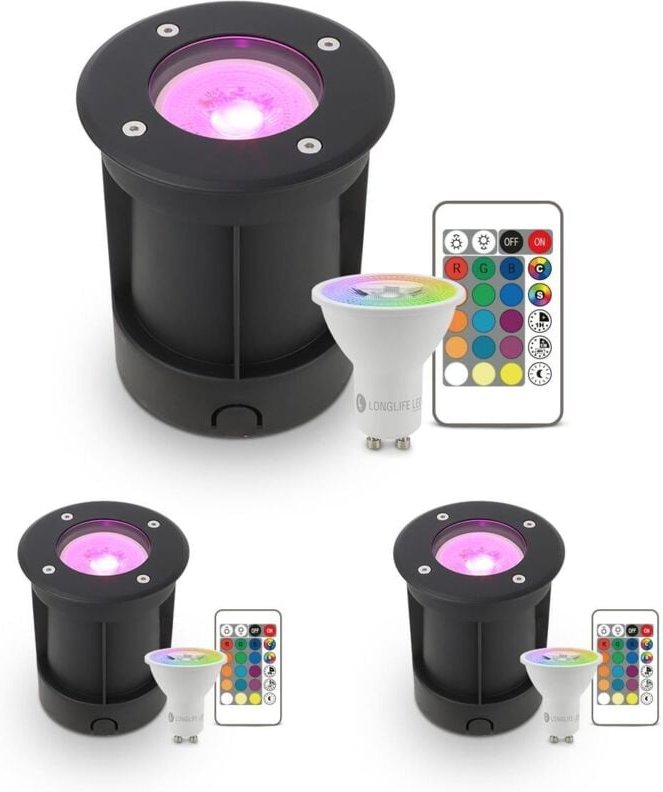 LED Bodeneinbaustrahler Schwarz rund 230V IP67 - Leuchtmittel: GU10 5W RGB+CCT inkl. IR Fernbedienung - Anzahl: 3x