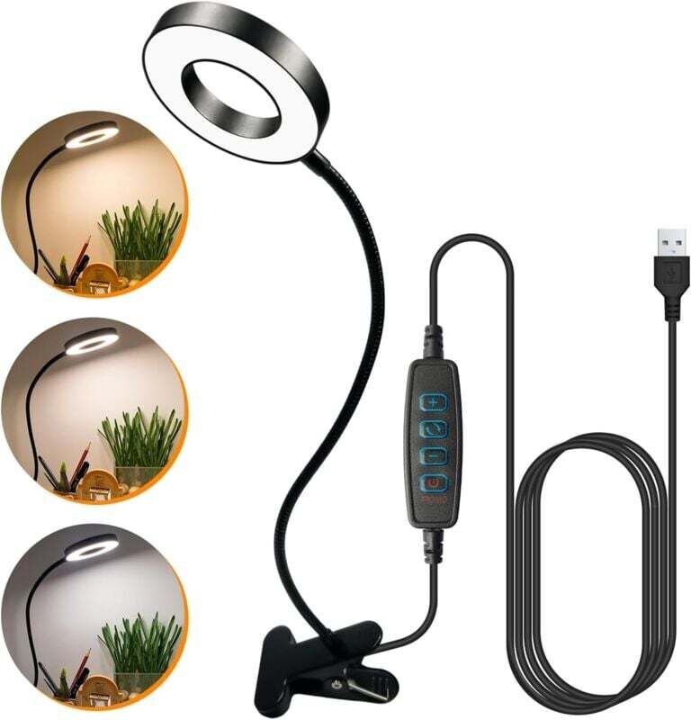 Schreibtischlampe, Klemm-Leselampe, 3 Farbmodi, 10 Helligkeitsstufen, USB-Ladeanschluss, 48 LEDs, Augenschutz, 360°-Dreh...
