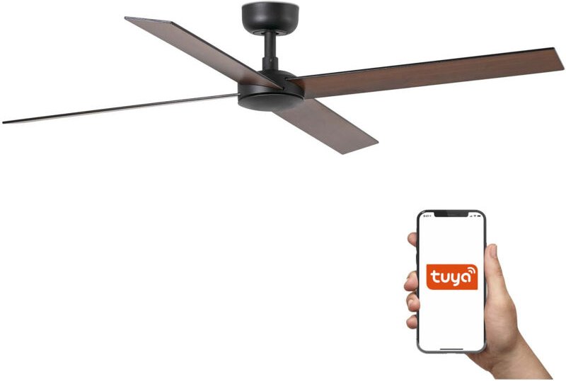 Faro Rudder Großer Deckenventilator mit 4 Flügeln, Mattschwarz, Walnuss, Tuya Smart System