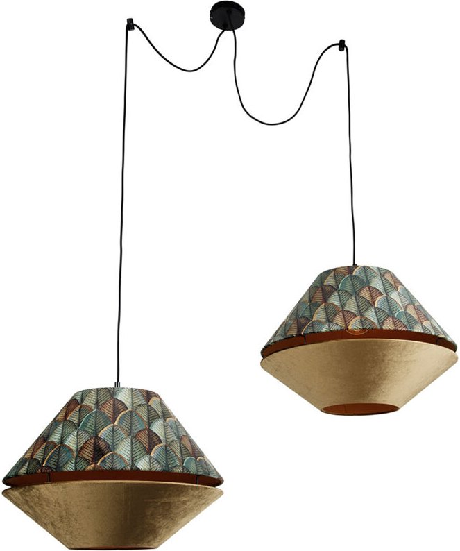 Pendelleuchte schwarz mit doppeltem Samt Lampenschirm Blattdesign und Beige 2-Lichter - Cava Luxe