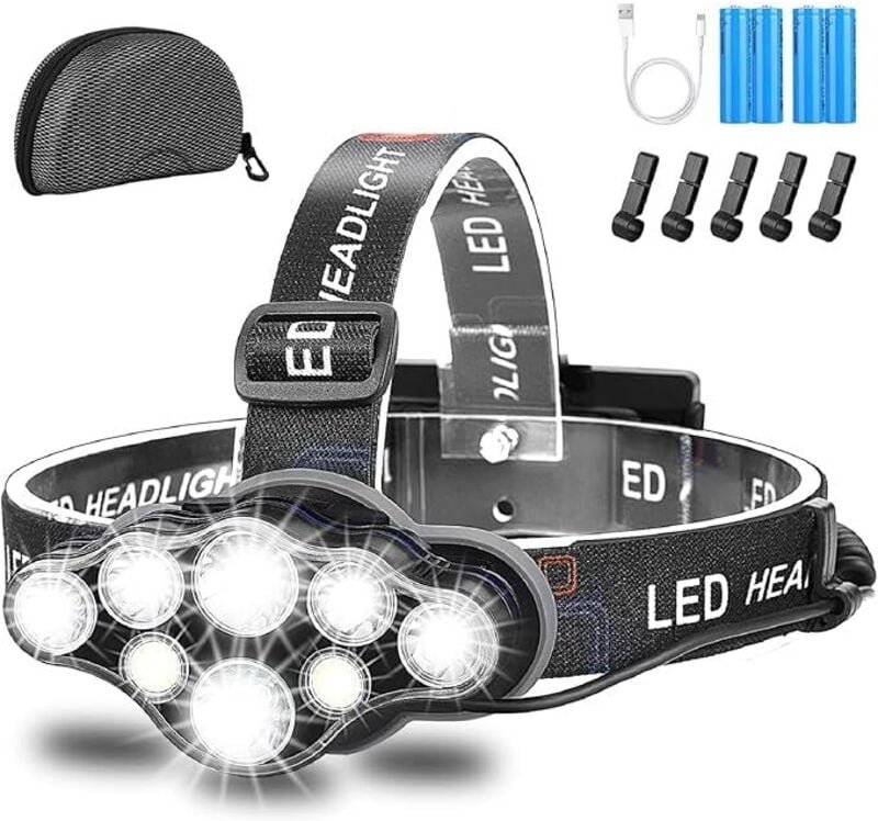 18000 Lumen LED-Stirnlampe mit 8 LEDs, 8 Modi, USB-aufladbar, 90° verstellbar, wasserdicht, leicht, zum Angeln/Camping/L...