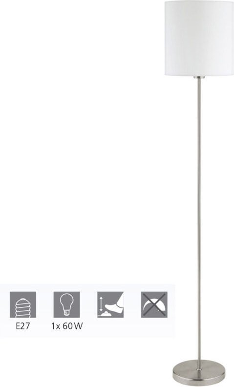 Stehlampe Pasteri, 1 flammige Textil Stehleuchte, Standleuchte aus Stahl und Stoff, Farbe: Nickel matt, weiß, Fassung: E...