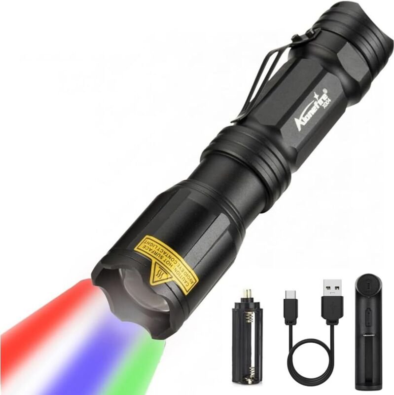 X004 Leistungsstarke 4-Farben-LED-Taschenlampe, wiederaufladbar (Rot/Grün/Blau/Weiß), wasserdicht, zoombar, mit Lithium-...