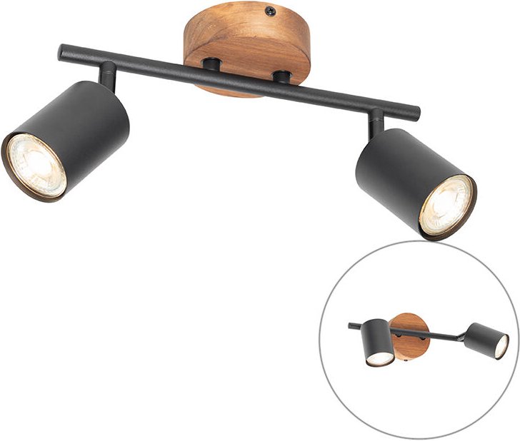 Industrie-Spot schwarz mit Holz schwenkbar 2 Lichter - Jeana