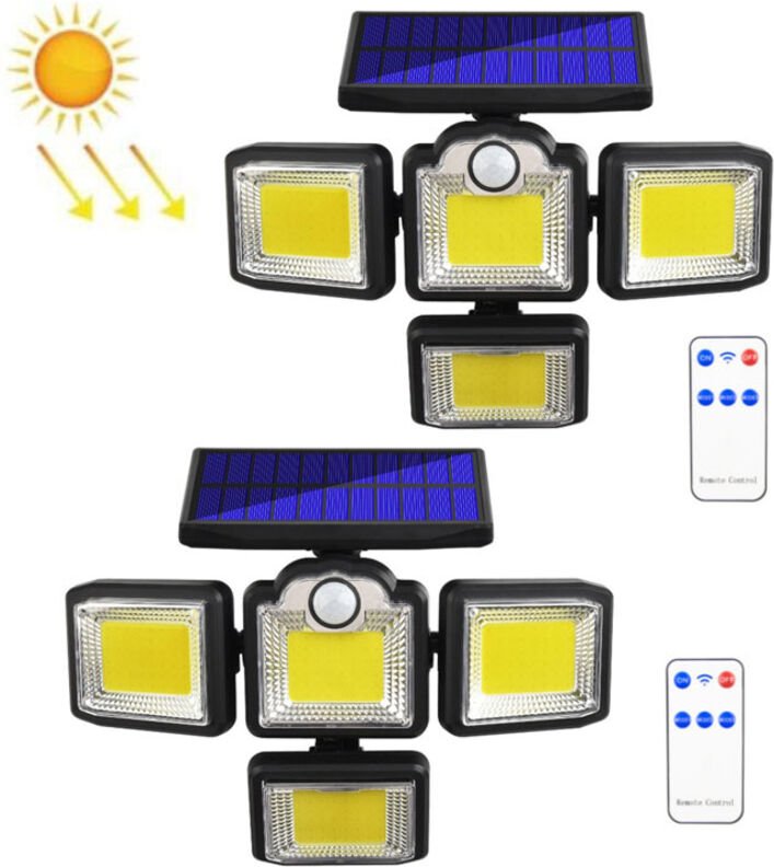 2 Stück Solar-Vierkopf-Wandleuchte mit Fernbedienung, 192 COB-LEDs, IP65 wasserdichte Gartenleuchte