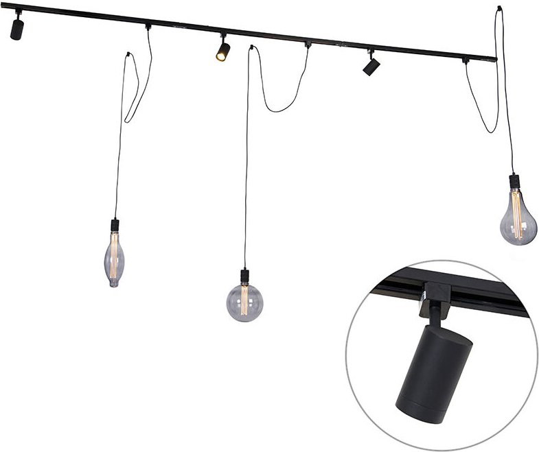 Modernes Schienensystem mit 3 Strahlern und 3 Pendelleuchten schwarz 1-phasig - Iconic Cavalux Jeana