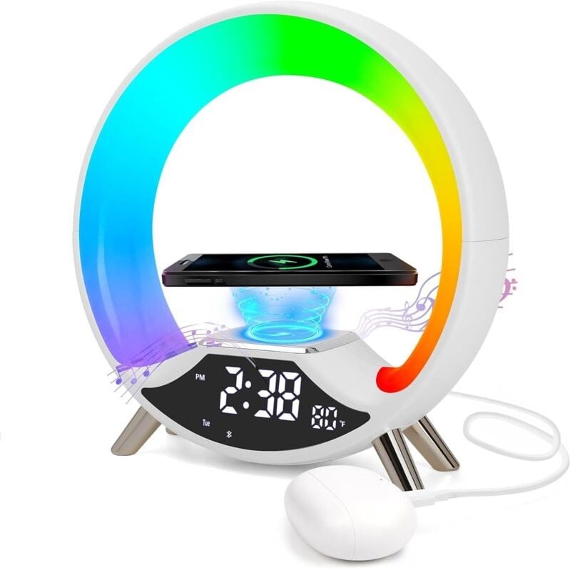 Beleuchteter Wecker, 15-W-Wireless-Ladegerät, Sonnenaufgangs-Simulator-Wecker mit Bluetooth-Lautsprecher, Radiowecker, z...
