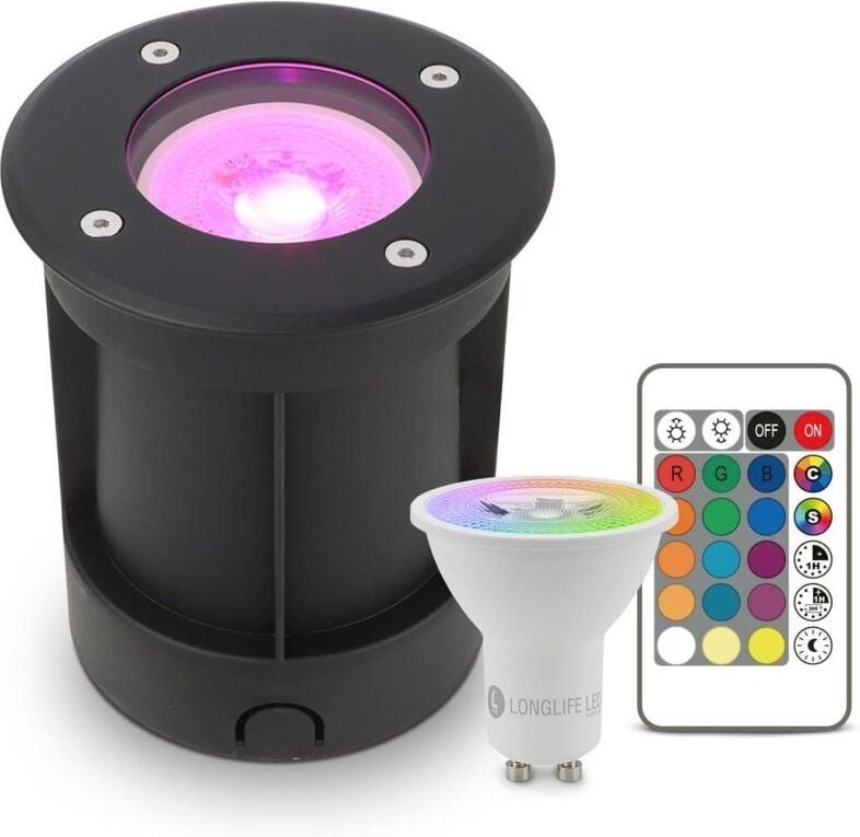 LED Bodeneinbaustrahler Schwarz rund 230V IP67 - Leuchtmittel: GU10 5W RGB+CCT inkl. IR Fernbedienung - Anzahl: 1x