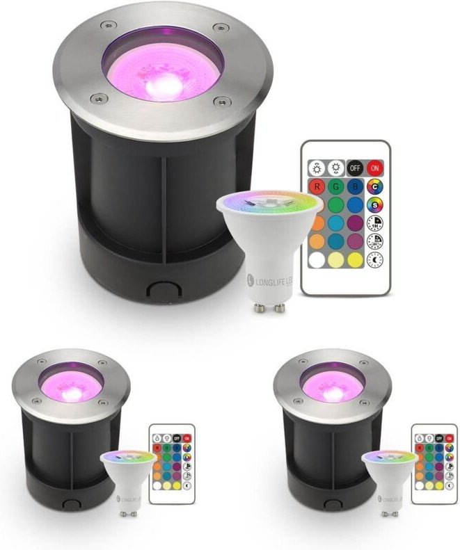 LED Bodeneinbaustrahler rund Edelstahl 230V IP67 - Leuchtmittel: GU10 5W RGB+CCT inkl. IR Fernbedienung - Anzahl: 3x