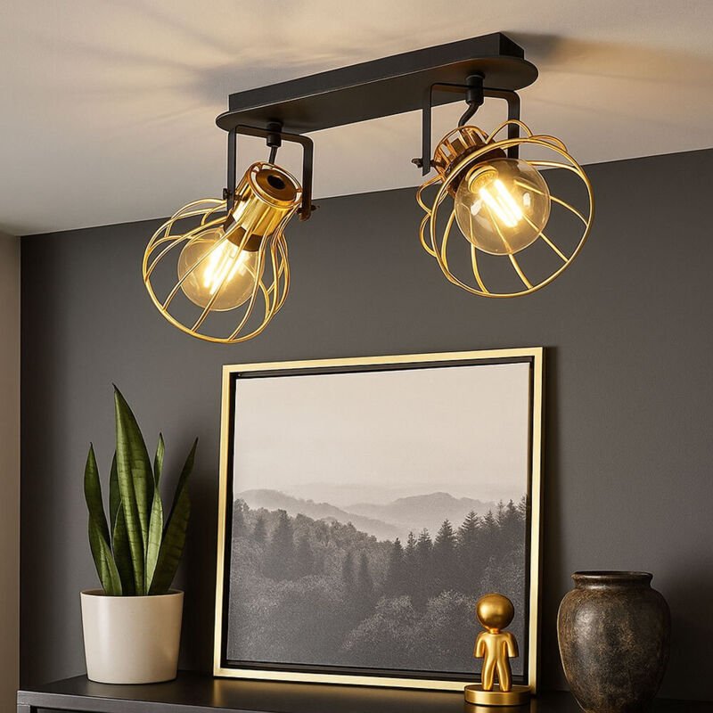 Deckenleuchte Deckenlampe Spotleuchte Esszimmer Geflecht Käfig Holz, verstellbar, schwarz messingfarben, 2x E27 Fassung,...