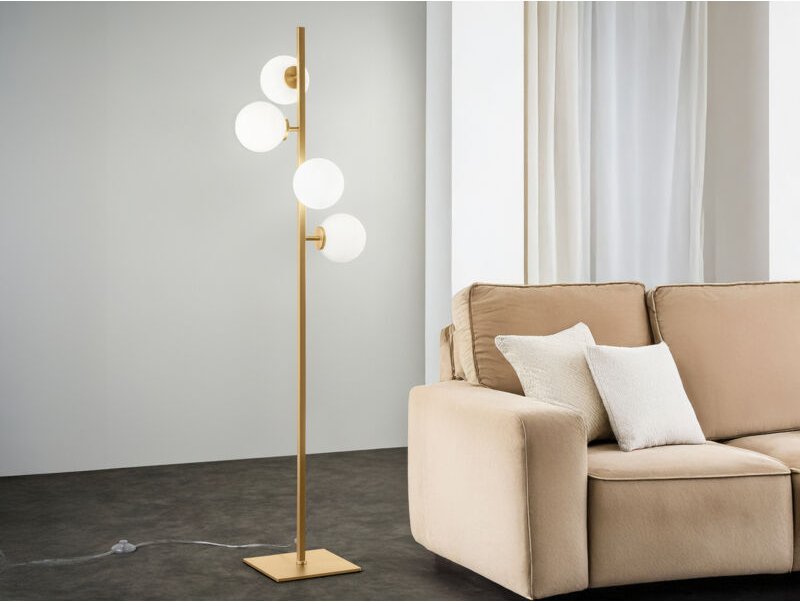 Thumbnail - Stehlampe ENOIRE 4-flammig Gold mit Glaskugeln in Opalweiß, Höhe 150cm