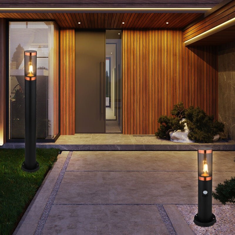 Wegeleuchte mit Bewegungsmelder Gartenlampe Außenstehleuchte Standleuchte Edelstahl, Kupferakzent schwarz rauch,E27, 2er...