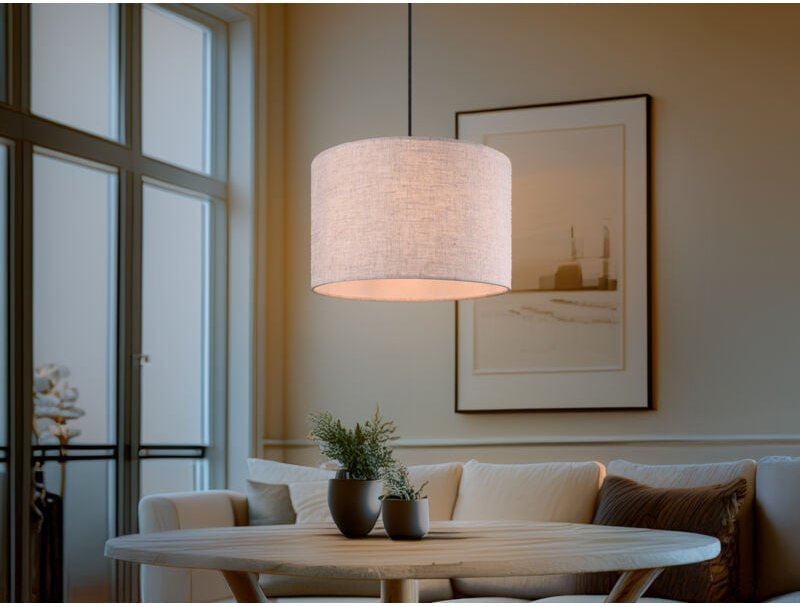 Meinewunschleuchte - Skandinavische led Pendelleuchte mit beigem Stoffschirm und Naturholz, ø 35cm