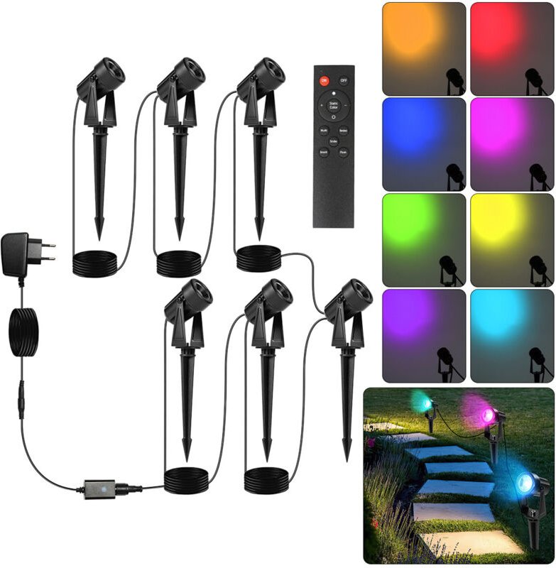 Randaco 6tlg. LED Gartenstrahler mit Erdspieß, Außenstrahler Gartenbeleuchtung mit Stecker Wasserdicht IP65 RGB