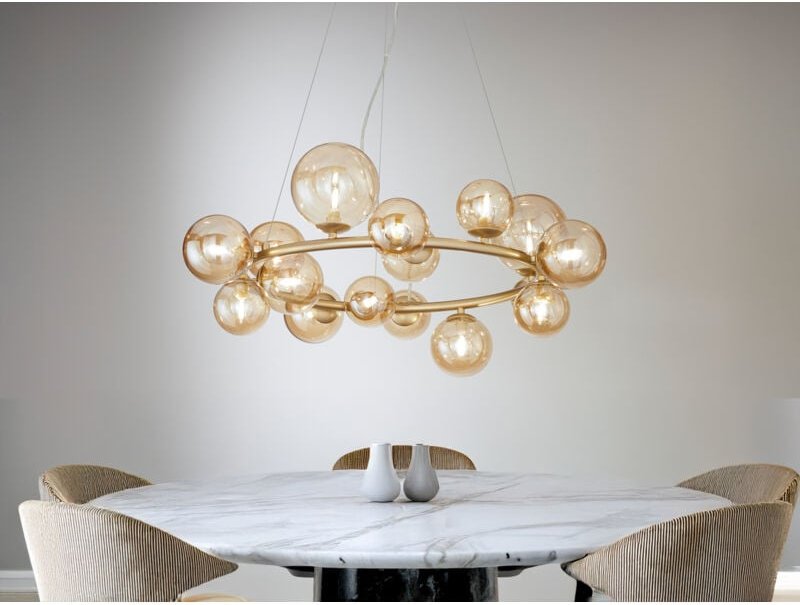 Pendelleuchte HONEY 16-flammig Gold-Glaskugeln Bernsteinfarbig, Ø 82cm