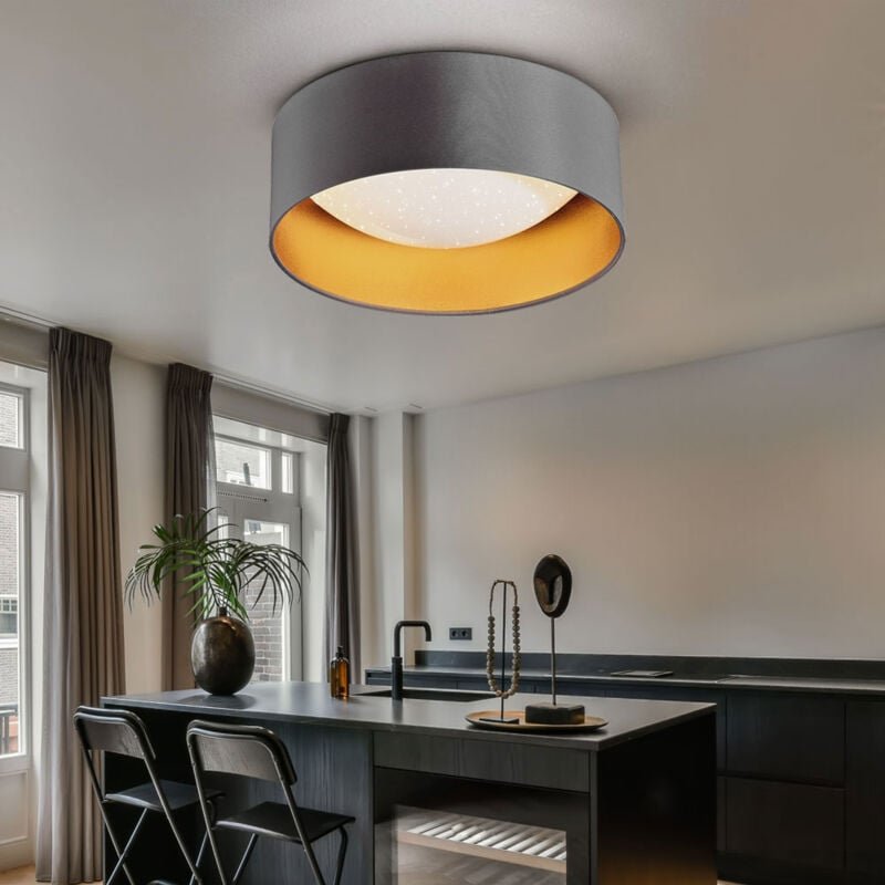 Etc-shop - led Deckenleuchte Sterneneffekt Wohnzimmerlampe Textilschirm grau gold Deckenlampe Modern, weiß rund, 12W 130...