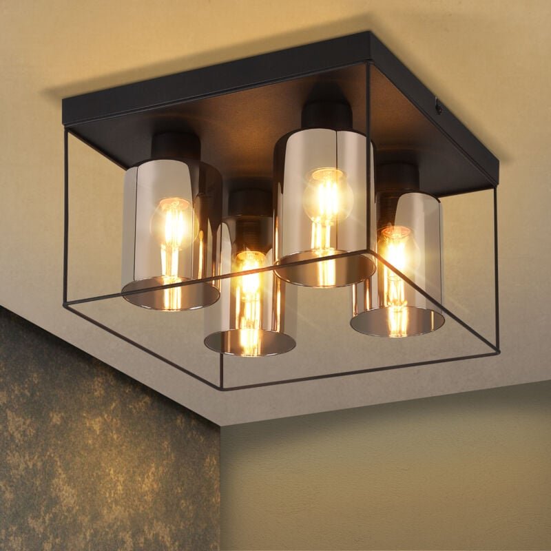 Deckenlampe Flur Deckenleuchte Glas - 4 Flammig E27 Vintage Flurlampe mit Schwarz Metall Decke Industrial Style Retro Sc...