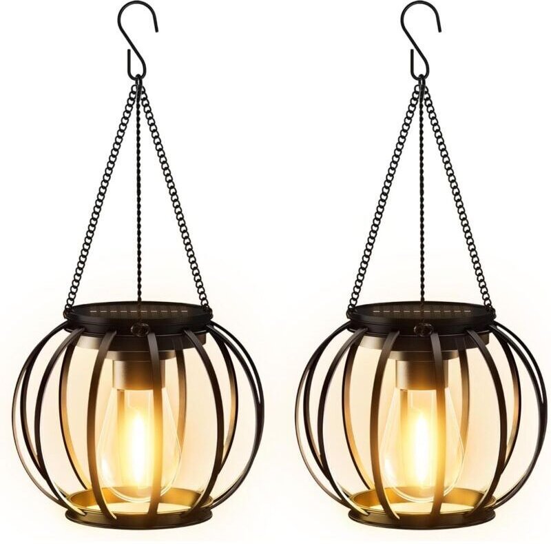 Solar-Hängeleuchten für den Außenbereich, 2er-Set Metall-Solarlaternen mit großer LED-Lampe, wasserdicht (IP65), Gartend...