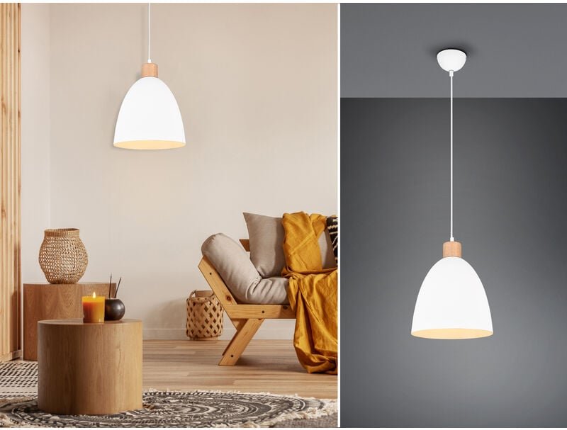 Meinewunschleuchte - led Pendelleuchte Lampenschirm Metall/Holz Weiß dimmbar, ø 25cm