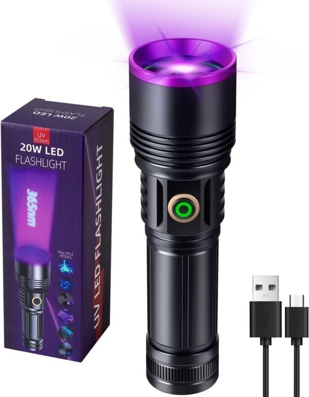 365-nm-UV-LED-Taschenlampe, 20 W leistungsstarke, wiederaufladbare USB-C-UV-Schwarzlichtlampe zur Erkennung von Haustier...