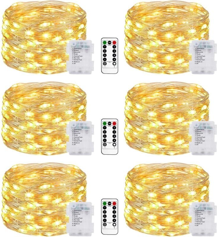 6 Stück Lichterkette Batterie, 5M 50 LED Lichterkette Batterie mit Fernbedienung 8 Modi Wasserdicht Warmweiß Lichterkett...