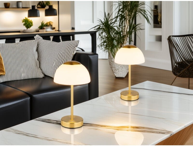 Meinewunschleuchte - 2er Set Dimmbare Akku Tischleuchten per usb aufladbar, Messing, Höhe 31cm