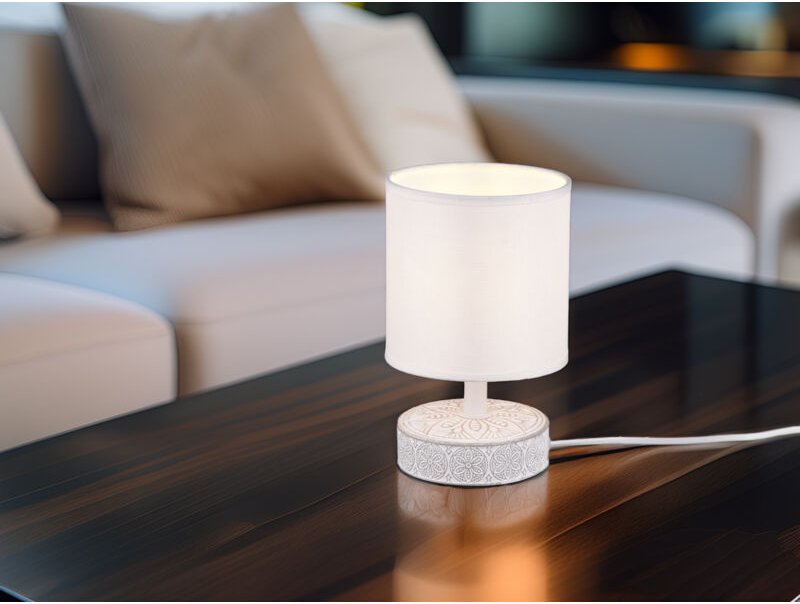 Meinewunschleuchte - Moderne led Keramik Tischleuchte Stofflampenschirm in Weiß, Höhe 20cm