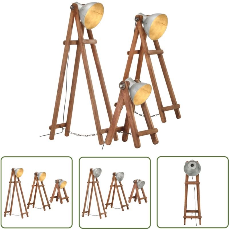Stehlampen 3 Stk. Silbern E27 Mango Massivholz - Vintage Lampe - Stehlampe Set - Industrielle Deko - Holzstelenleuchte -...