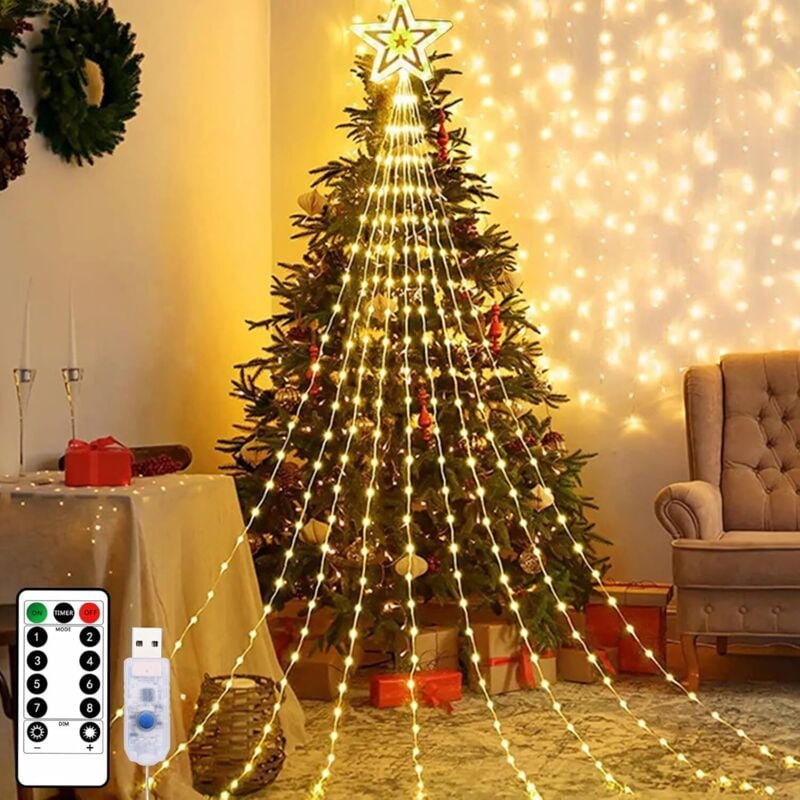 Weihnachtslichterkette mit Sternen, 2 m, 9 Stränge, 198 LEDs, kaskadenförmige Sternenlichterkette mit Fernbedienung, was...