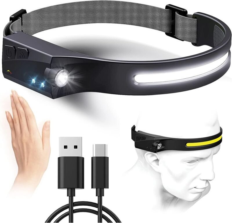 Tonchean - Leistungsstarke wiederaufladbare Stirnlampe, wasserdichte LED-Stirnlampe, 350 Lumen, Bewegungssensor, zum Ang...