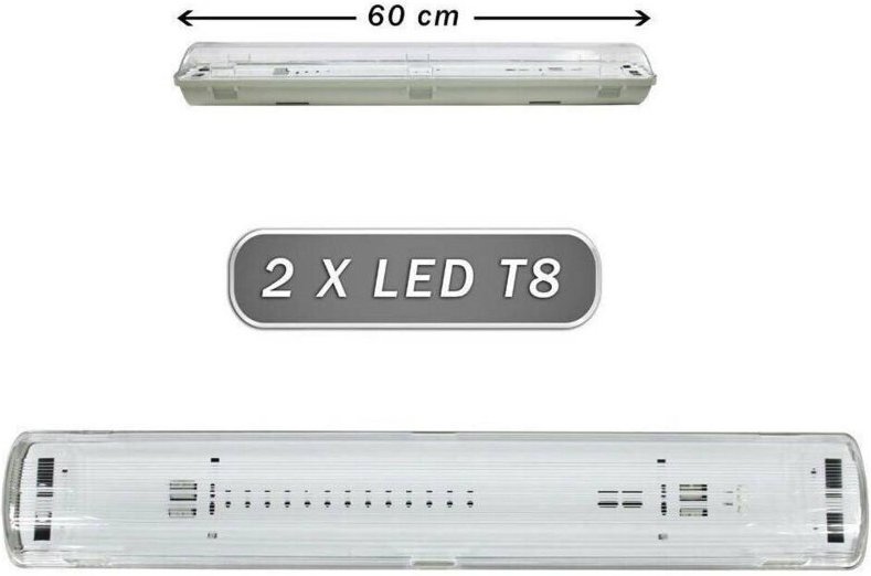 Thumbnail - Trade Shop - PLAFONIERA STAGNA 2 NEON LED TUBO T8 G13 60 CM DA PARETE AUSGEWICHTIG IP65 T8-60S -