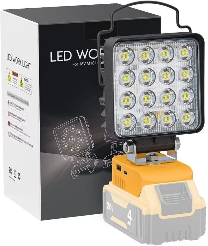 Kabellose LED-Arbeitsleuchte mit großer Reichweite und USB-Anschluss, kompatibel mit Dewalt 18V Li-Ionen-Akku, 48W 4800L...