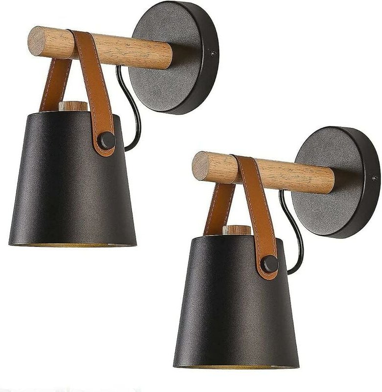 2er Set Moderne E27 Wandleuchten im Schmiedeeisen Metall Stil mit Holzgürtel, Industriebeleuchtung Pr (ohne Leuchtmittel...