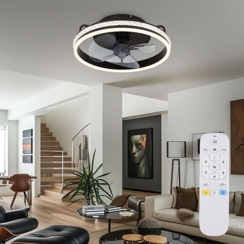 Deckenventilator Deckenlampe Wohnzimmerleuchte Raumlüfter Ventilator, Metall schwarz, dimmbar Fernbedienung CCT Rechts-/...