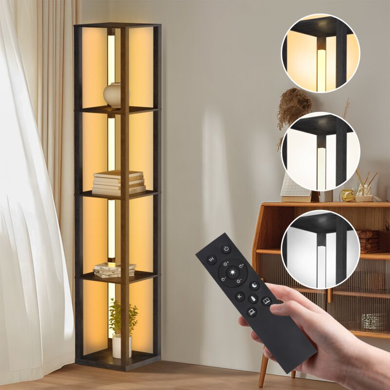 Randaco Standleuchte Regal, Stehlampe Holz, Moderne Innenbeleuchtung mit 4-Ebenen, Bodenlampe fuer Wohnzimmer, Schlafzim...