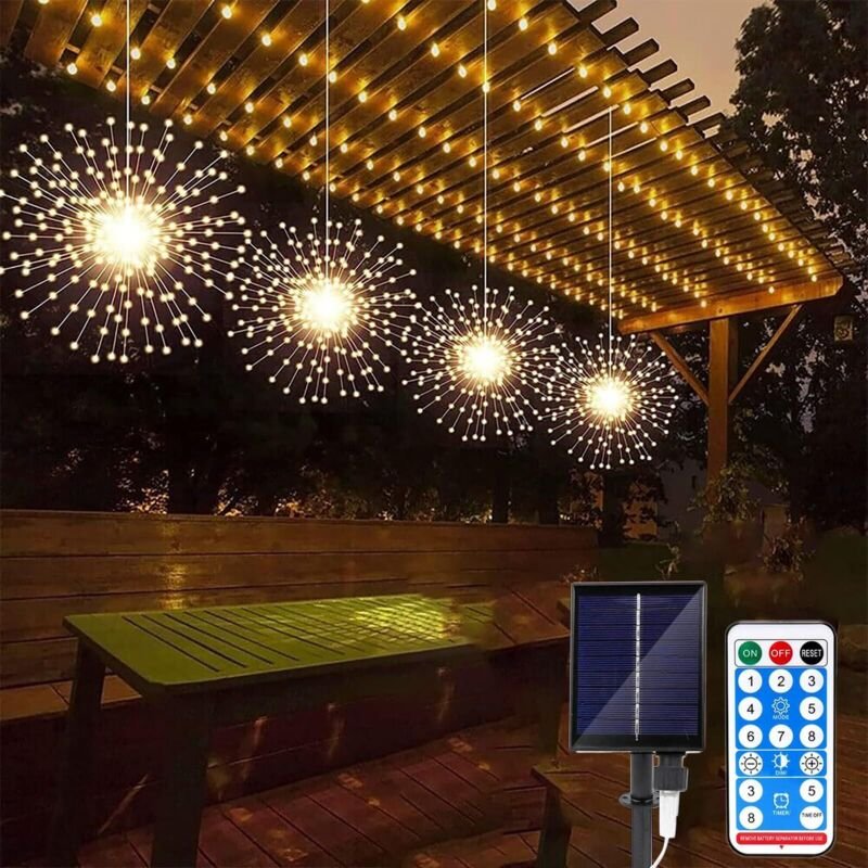 Solar-Feuerwerk, 4er-Pack, 360 LEDs, wasserdicht, Kupferdraht, Hängedekoration, 8 Beleuchtungsmodi, mit Fernbedienung fü...