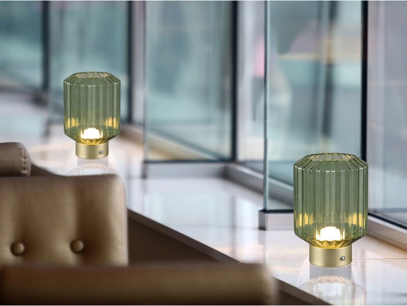 Meinewunschleuchte - 2er set kleine Akku Tischleuchten mit Glas Lampenschirm Grün, Höhe 19cm