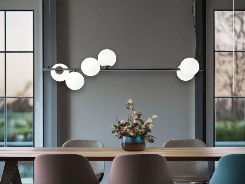 Thumbnail - Pendelleuchte ENOIRE 6-flammig Schwarz mit Glaskugeln in Opalweiß, Breite 120cm