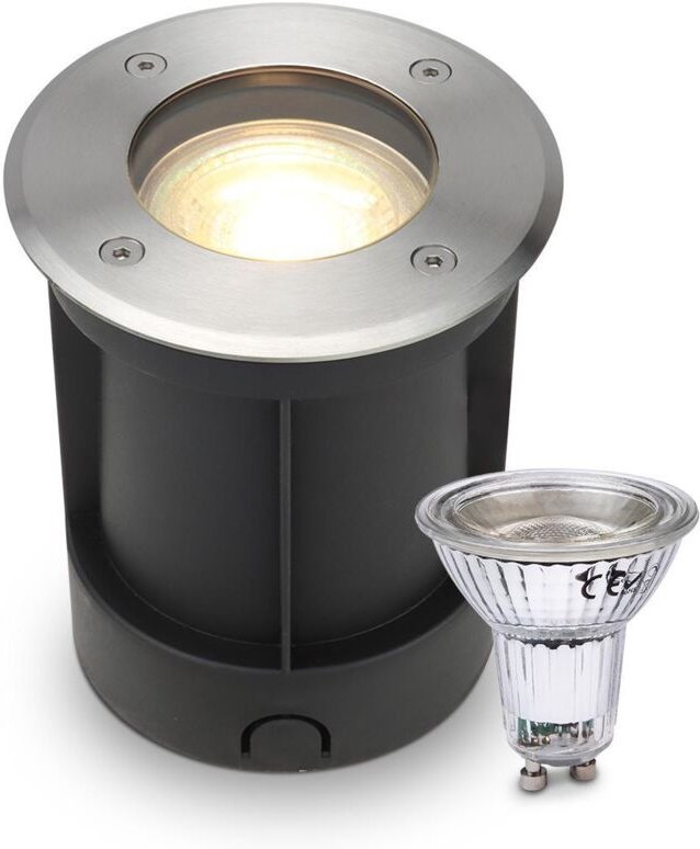 LED Bodeneinbaustrahler rund Edelstahl 230V IP67 - Leuchtmittel: GU10 5W 2700K DIMMBAR - Anzahl: 1x