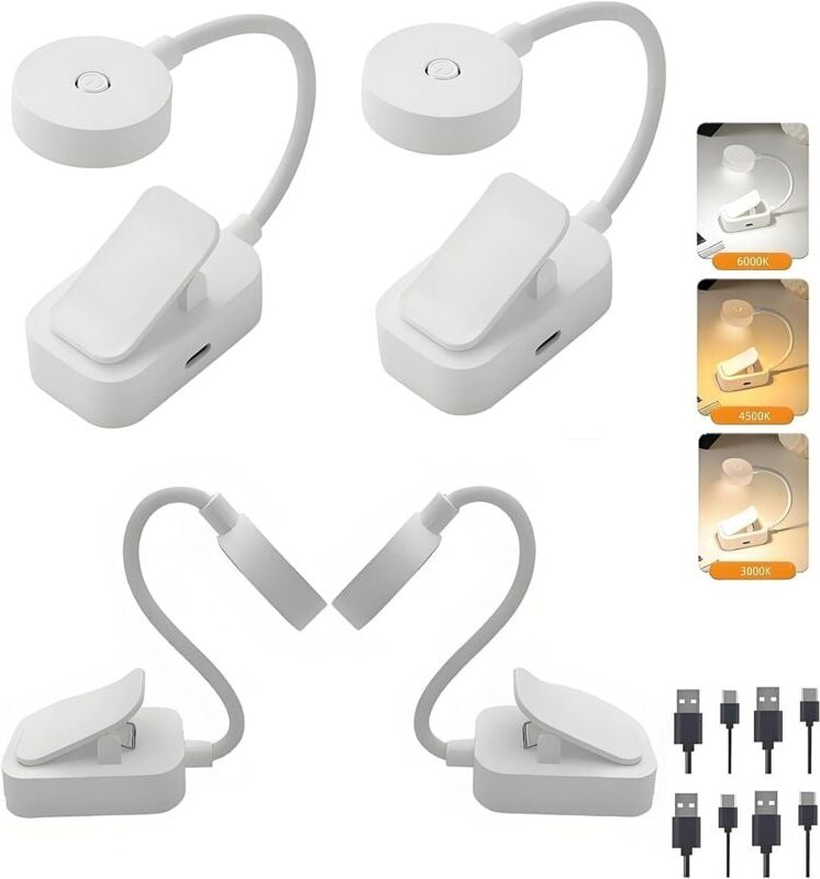 Set mit 4 wiederaufladbaren Leselampen zum Lesen im Bett, 3 Farbtemperaturen, einstellbare Helligkeit, zum Befestigen am...