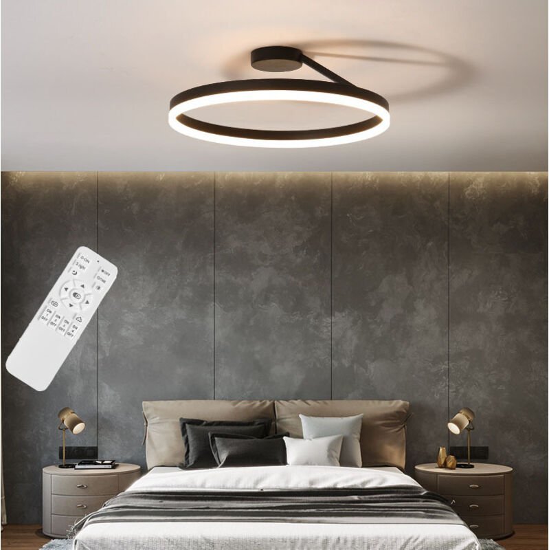 Minimalistische schwarze LED-Deckenleuchte mit Metallring, stufenlose Dimmung in 3 Farbtemperaturen, 40 x 16 cm