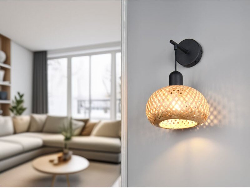 Meinewunschleuchte - led Wandleuchte mit Schalter & Korb Lampenschirm aus Bambus, Höhe 30cm