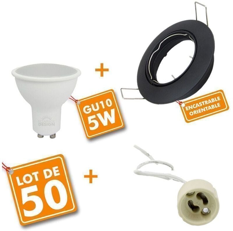 50 Kompletter schwarzer LED-Einbaustrahler, verstellbar mit 5 W GU10-Glühbirne, Äq. 50 W Farbtemperatur: Kaltes Weiß 600...