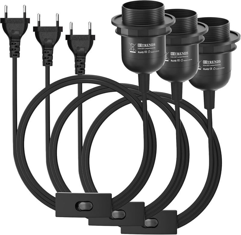 3 x E27 Lampenfassung mit Schalter mit Stecker, E27 Fassung Schwarz mit 3,5m Kabel Schraubring - Küche, Wohnzimmer und K...