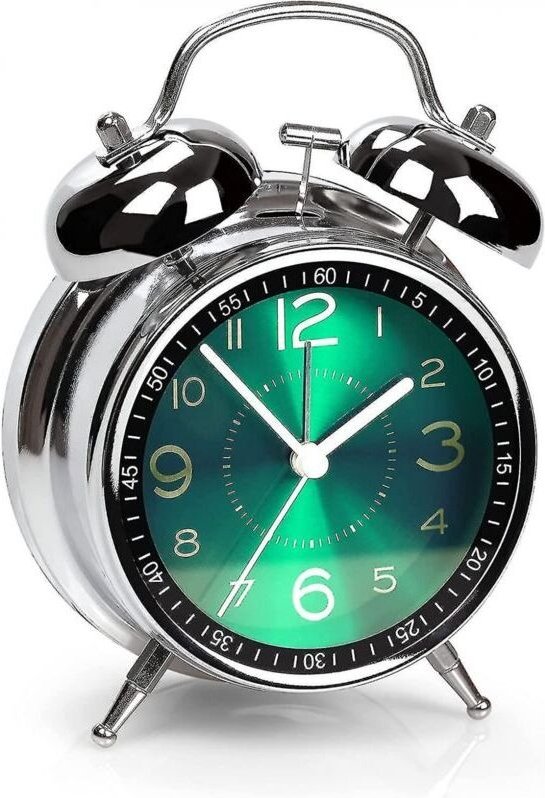 Extrem leistungsstarker Wecker für Tiefschläfer, 10 cm Retro-Doppelglocke, geräuschlos, kein Ticken, Quarzwerk, Leuchtzi...