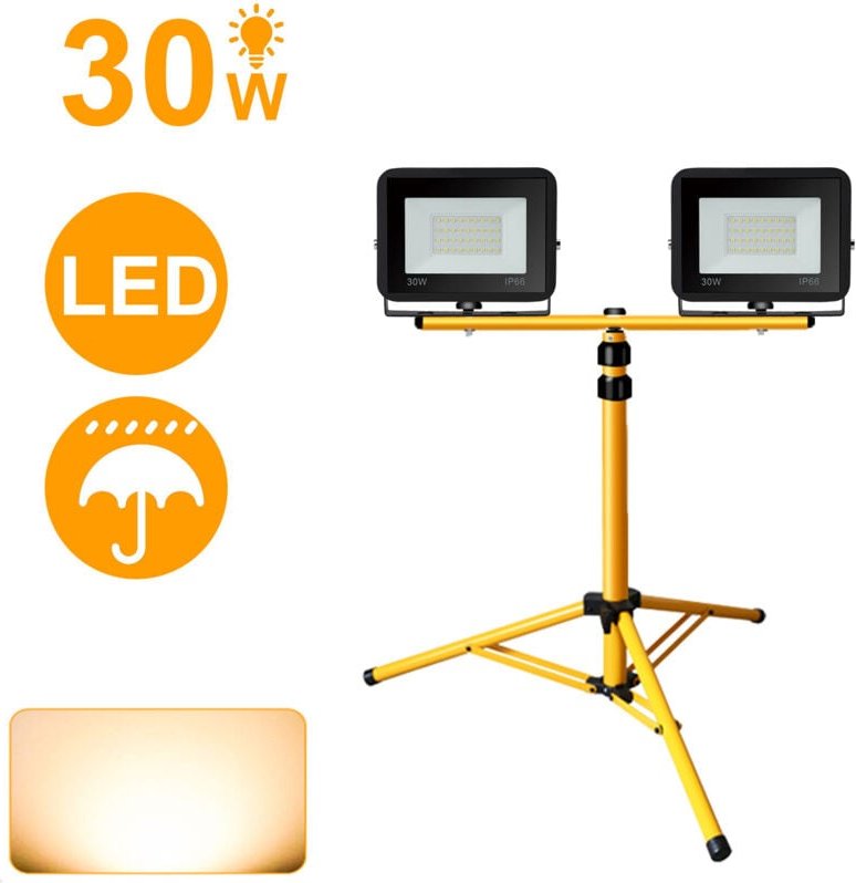 Thumbnail - Led Fluter mit Stativ Arbeitsleuchten Strahler Hotel Baustrahler Flutlicht 2X30W Warmweiß - Swanew