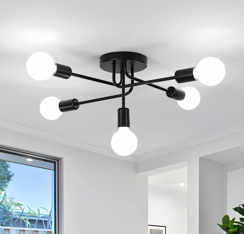 Comely - Industrielle Deckenleuchte, 5-flammiger Vintage-Sputnik-Kronleuchter, moderne Deckenlampe aus Metall, schwarze ...