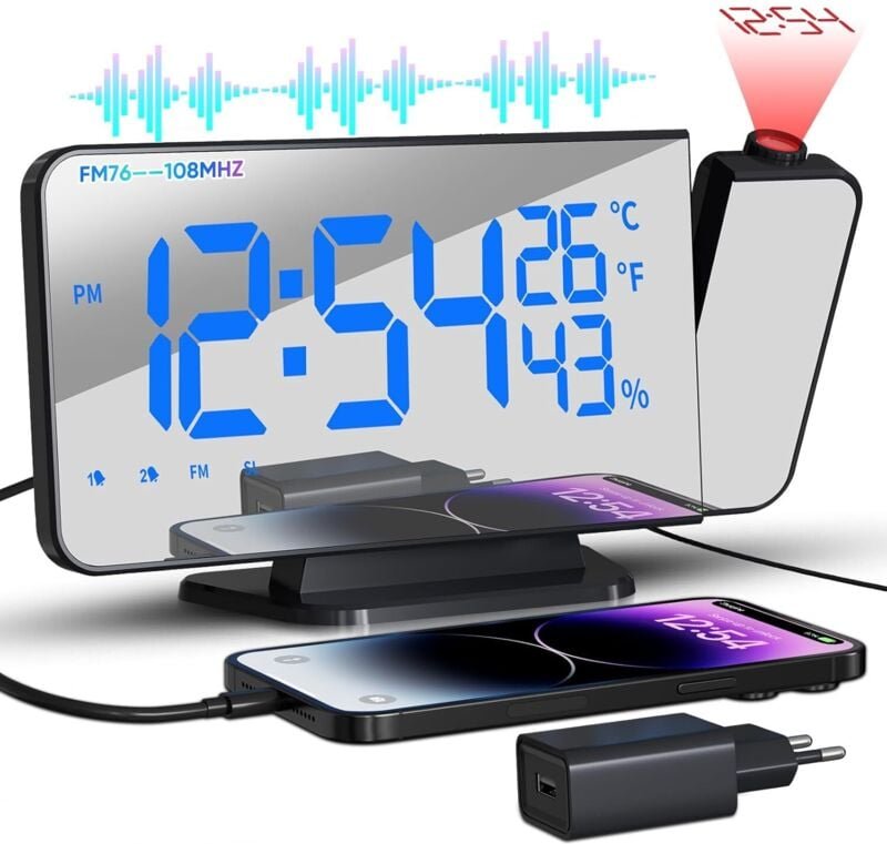 180° Deckenprojektor-Wecker, Radio, Deckenprojektor-Wecker mit FM, 2 Alarme, Schlummerfunktion, USB-Aufladung, digitaler...